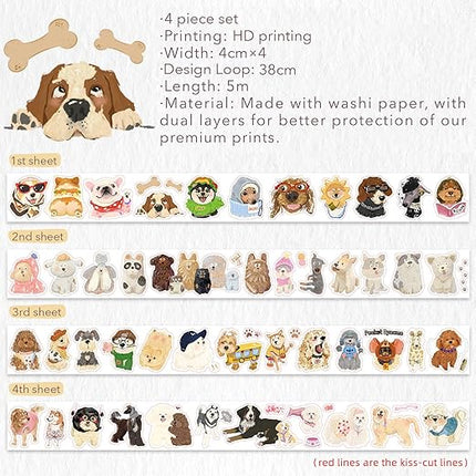WT Tail Waggers Washi Tape Sticker Set, 4 Rolls, Original Designs, Cute Pet-Themed Decorative Tape for Scrapbooking, Journaling, Planners & DIY Crafts