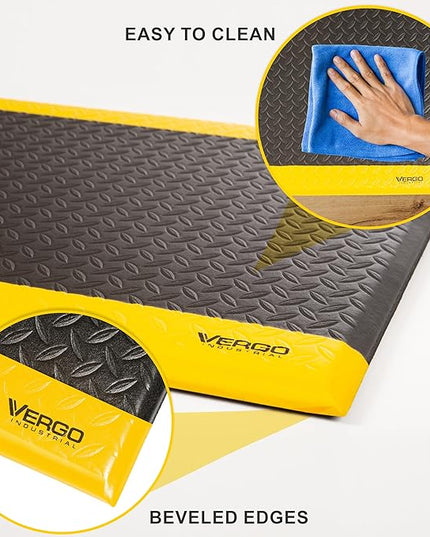 Vergo Industrial 15/16” Extra Thick Anti Fatigue Mat - Heavy Duty Commercial Grade Diamond Plate Ergonomic Standing, Non-Slip Black with Yellow Anti Fatigue Floor Mat for Work, Shop (1-Pack 3' x 5')