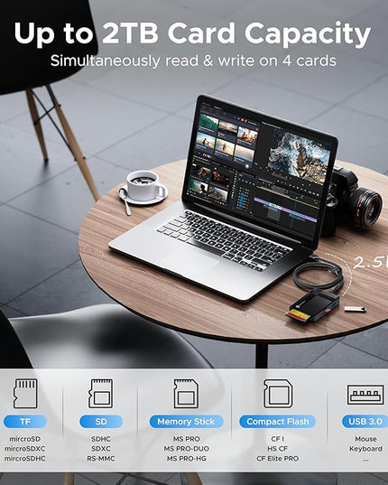 SD Card Reader USB 3.0, WARRKY [2.5FT Nylon Braided, Extra USB 3.0 Ports, 5Gbps] 7 in 1 Memory Card Reader, Micro SD Card Adapter for microSD, SDXC, SDHC, CF, MS, MMC, Micro SDXC/SDHC, UHS-I, More
