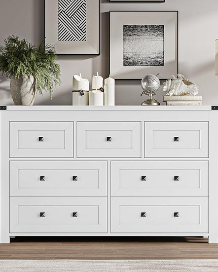 BORNOON 7-Drawer Dresser, Modern Wooden Storage Chest of Drawers, Dresser TV Stand, Wood Drawer Organizer with Metal Handles for Bedroom, Living Room, Hallway