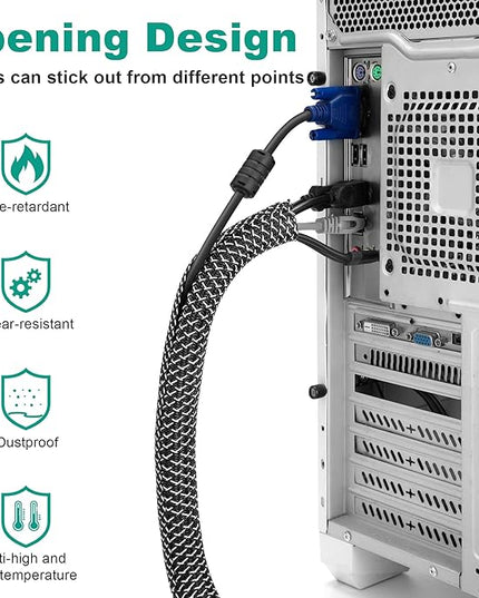 ZhiYo 6.6ft - 1 inch Cable Sleeve, Cord Wrap Wire Protector Tubing for Pets, PC Cable Wrap, Computer Cable Management Sleeve - Black - White
