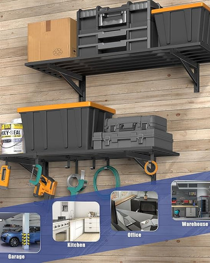 2-Pack 1.5x4ft Garage Shelving Wall Mounted, 1.5' x 4' Heavy Duty Garage Storage Shelves with Hooks, 400LB Capacity