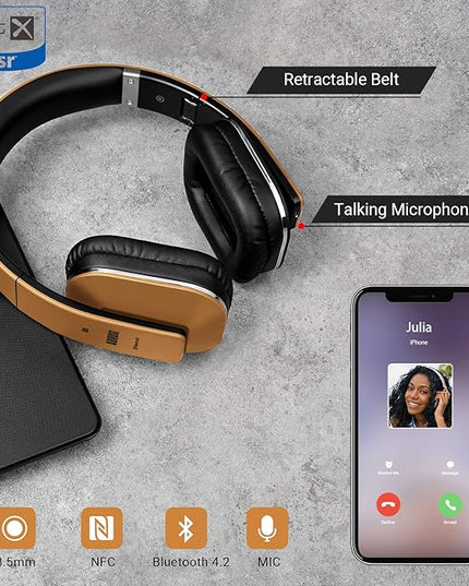 August EP650 Bluetooth Wireless Over-Ear Headphones with aptX Low Latency, NFC, Multipoint Pairing, Wired Option, Built-in Microphone - Gold