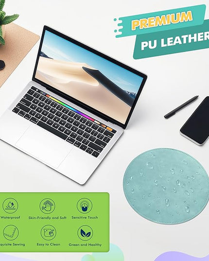 Mouse Pad，Round Mouse Pad，PU Mouse Pad，Leather Mouse Pad with Stitched Edge Micro-Fiber Base with Non-Slip Waterproof，Mouse Pad for Computers，Laptop，9 x 9 Inch (Light Blue)