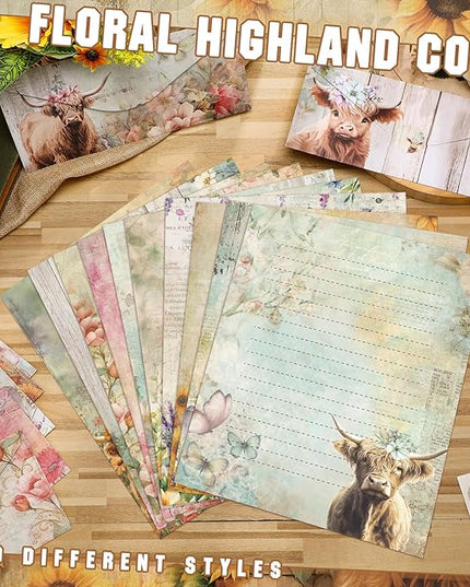 TaoBary 160 Pcs Stationery Paper Set 50 Double Sided Stationery Papers with 50 Matching Envelopes and 60 Round Dot Sticker, 10 Design(Floral Highland Cow,8.5 x 11 Inch)