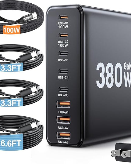 380W USB C Charger Block,with 4 USB Cables 8-Port USB C Charging Station Dual 100W Laptop Charger Fast Charger Type C Charging Block for MacBook Pro, Dell XPS, iPhone, iPad, Tablet (Bright Black)