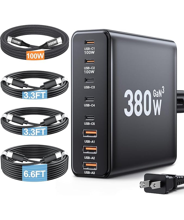 380W USB C Charger Block,with 4 USB Cables 8-Port USB C Charging Station Dual 100W Laptop Charger Fast Charger Type C Charging Block for MacBook Pro, Dell XPS, iPhone, iPad, Tablet (Bright Black)
