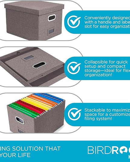 Internet's Best Collapsible File Box Storage Organizer with Lid - Decorative Linen Filing & Storage Office Boxes – Hanging Letter/Legal Folder – Home Office Bins Cabinet – Grey Container - 1 Pack
