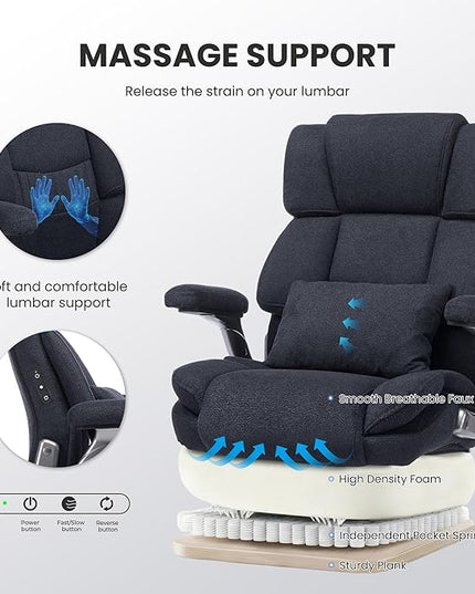 750lbs Heavy Duty Desk Chair with 3D Kneading Massage, Big and Tall Office Chairs with Ergonomic Support, 4D Armrests, 5 Quiet Dual Rubber Wheel, Thick Spring Cushion(Black-Fabric)