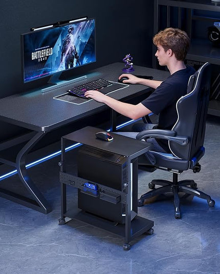 EUREKA ERGONOMIC PC Stand Computer Cart Frosted Glass, Height Adjustable Tower Stand 2-Tier Suit for ATX Case Printer, Metal Rolling Cart on Wheels for Gaming Home Office, Black