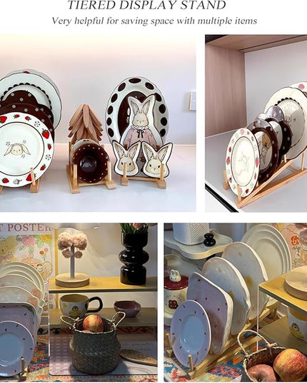5 Pack Plate Stands for Display,Wooden Multi Plate Holder Cabinet Organizer, 5-Tier Craft Show Vendor Counter Display Rack for Tabletop Book, Art Prints, and Platter