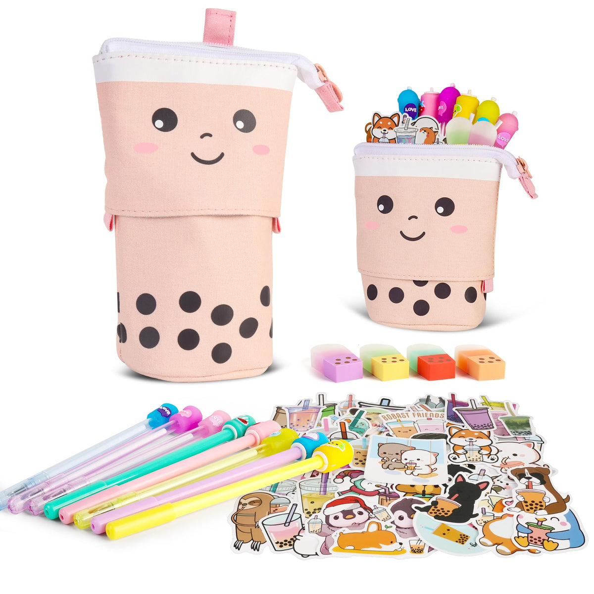 Cute Boba Pencil Case Set for Girls - Back to School Supplies Kit with Pop Up Pencil Pouch, Pens, Stickers & Eraser, Kawaii Stationery Set for Students, Classroom, & Journaling (Pink Bubble Tea)