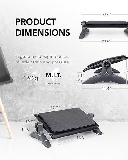 EHO Ottoman, Ergonomic Foot Rest for Under Desk, Adjustable Height and Angle, Sponge Platform, Anti-Slip, Ankle Support, Detachable Washable Cushion, Back and Leg Pain Relief, 21.6" L x 11.4" W, Black