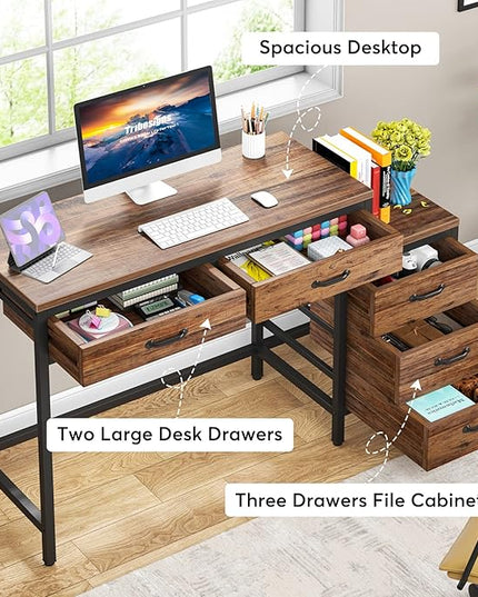 Tribesigns Computer Desk with 5 Drawers, Home Office Desks with Reversible Drawer Cabinet Printer Stand, Industrial PC Desk with Storage, Rustic Study Writing Table Workstation for Small Spaces