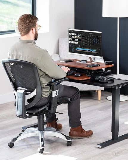 VIVO 28 inch Desk Converter, K Series, Height Adjustable Sit to Stand Riser, Dual Monitor and Laptop Workstation with Keyboard Tray, Dark Walnut Top, Black Frame, DESK-V028KA