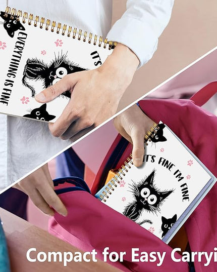 Funny Black Cat Spiral Notebook Journal 5.5x8.3, It's Fine I'm Fine Humorous Journal for Women, Cat Office Supplies, Funny Gifts for Coworker Women Journals Notebooks