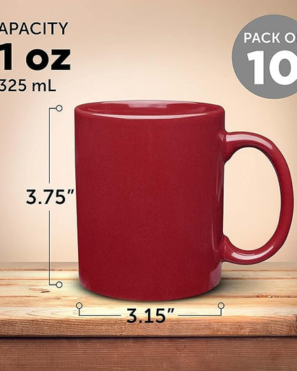 DISCOUNT PROMOS Ceramic Coffee Mugs 11 oz. Set of 10, Bulk Pack - Coffee cup set, Iced coffee cup, Gaming mug - Red