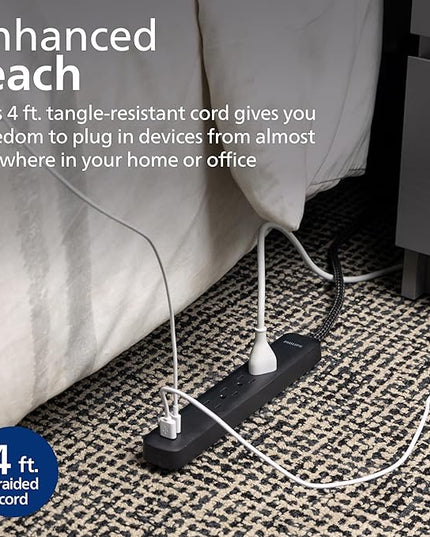 Philips 4-Outlet Surge Protector, 4ft Braided Cord, 1-USB-C, 1-USB-A, Extension Cord, Power Strip, for Home, School, or Office, 15W, 450J, Black, SPP3393B/37