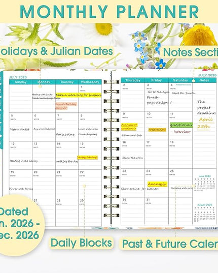 Ymumuda 2026 Planner, Daily Weekly and Monthly Planner，Jan 2026 - Dec 2026, 8.4" x 6.3", 2026 Calendar Planner Book with Tabs, Spiral Notebook with Inner Pocket for Office Home School Supplies