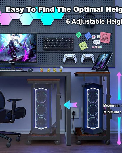 Height Adjustable Computer Tower Stand with Charge Station and USB Charging Port, 2-Tier ATX-Case Cart, Under Desk Mobile PC Stand, CPU Holder Cart with Locking Caster Wheels for Fits Most PC
