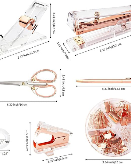 Rose Gold Desk Accessories, Office Supplies Set with Acrylic Stapler, Tape Dispenser, Staple Remover, Pen Holder, Scissor, Binder Paper Clips, 1 Ballpoint Pen, 1 Clear Tape and 1000pcs Staples