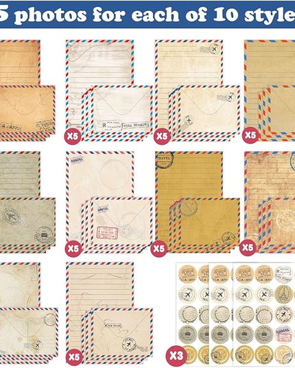 160 Pcs Stationery Paper Envelopes Set Includes 50 Lined Writing Paper & 50 Envelopes with 60 Colorful Round Dot Stickers, Cute Vintage Travel Letter Writing Stationery Paper Envelopes(10Style)
