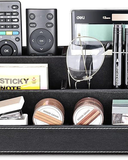 KINGFOM Pu Leather Desk Organizer with 5 Compartments Holder, Multi-Functional Office Supplies Storage Caddy for Pen/Pencil, Phones, Remote Controller and Desktop Accessorie Black