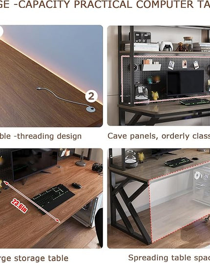 55in Gaming Desk with Bookshelf Combo, Computer Desk with Pegboard, Large Writing Table with Desktop Shelves, Ample Leg Room, for Home Office (White, 55in)