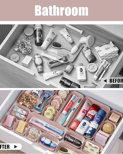 Plastic Drawer Organizers, 18 PCS Bathroom Drawer Organizer Bins, Desk and Vanity Organizer Plastic Tray, Makeup organizer and storage for Bedroom, Kitchen Gadgets Utensils and Office (Pink)