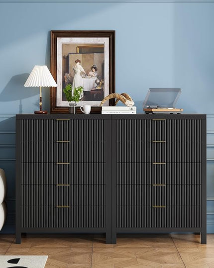 JZXSHD 5 Drawer Dresser, 43" Tall Dresser Organizer TV Drawer Cabinet Modern Wood Storage Cabinet, Modern Wood Storage Cabinet for Bedroom, Hallway, Entryway, Black Oak X 2
