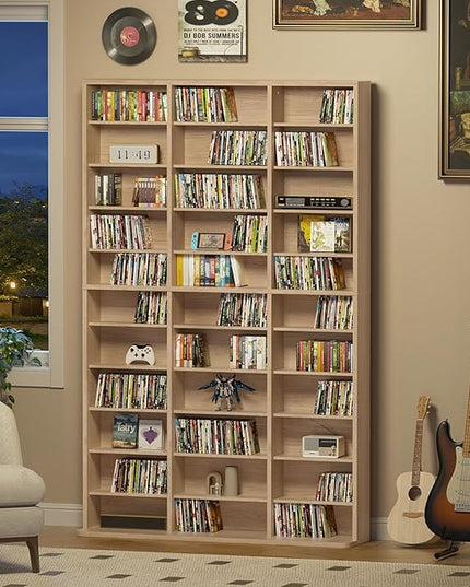 LELELINKY 11 Tier Tall Display Cabinet, Natural Media Storage Cabinet with Adjustable Shelves, Free Standing DVD Organizer Shelf, Multimedia Storage Manga Bookshelf for Living Room & Home Office.