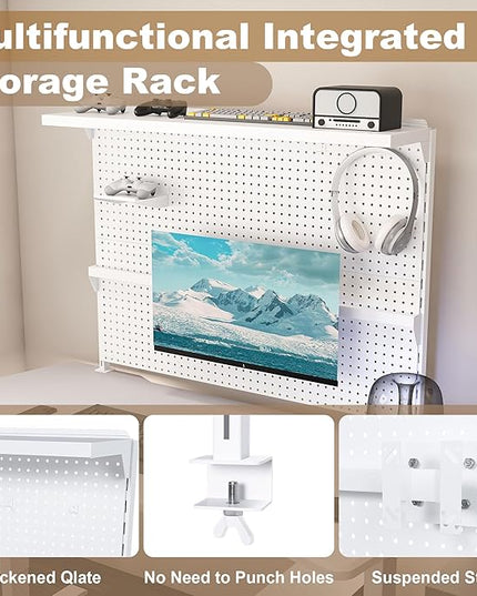 KEIKI Clamp-On Desk Pegboard with Single Monitor Stand, 43" x 35" Steel Peg Board Office Organizer with Hooks, Movable Panel & Shelf for Office Supplies, Gaming Setup & Desk Organization, White