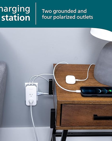 Philips All-in-One Surge Tap with USB, 2 Grounded & 4 Polarized Outlets, 1 USB-C & 1 USB-A Port (15W Shared), 490 Joules, ETL Certified, White/Gray, SPP3503GW/37