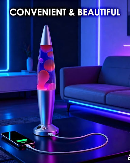 JAMBO Upgraded Motion Lamp – 16" Blue Liquid, Purple Wax – USB Ports, Timer – Night Light for Adults, Teens, Kids – Bedroom, Living Room, Office Décor Lamp