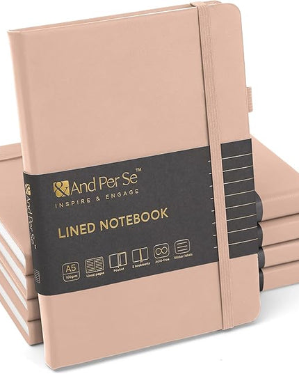 &And Per Se Lined Journal Notebook (5 Packs), 160 Pages, A5 5.7 x 8 inches College Ruled Thick Paper Notebook Journals for Writing, Hardcover Notebooks for Women Men Office School (Apricot)