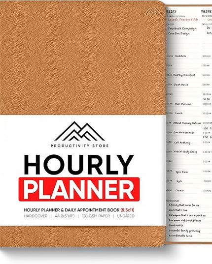 Hourly Planner & Appointment Book (8.5” x 11”) - Premium Hourly Planner with Daily Schedule & 30-Minute Time Slots for Better Time Management by PRODUCTIVITY STORE (A4, Brown)
