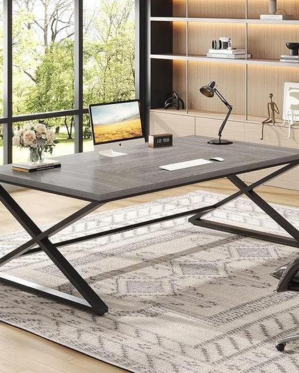 IBF Extra Large Desk, 78.7” Long Home Office Computer Desk, Simple Wide Work Desks for Writing Study in Bedroom, Industrial Wood Metal Game Desks Executive Workstation Conference Table, Light Grey Oak