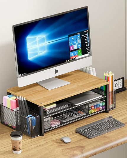 OPNICE Desk Organizers and Accessories, 2-Tier Computer Monitor Stand with Drawer and 2 Pen Holders, Laptop Stand, Office Desk Accessories for Office Supplies, Oak