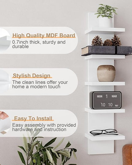 Fun Memories 5 Tier Wall Shelf Unit, White Floating Shelves for Storage - Vertical Column Tower Design, Lack Wall Shelf Space Saving Organizer for Bedroom, Living Room, Home Decor