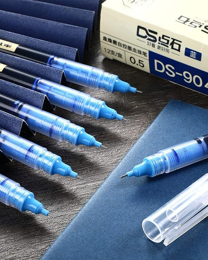 Frienda 12 Pieces Rolling Ball Pens 0.5 mm Japanese Quick Drying Fine Point Pens Liquid Ink Smooth Writing for Office Student Back to School Supplies(Black and Blue)