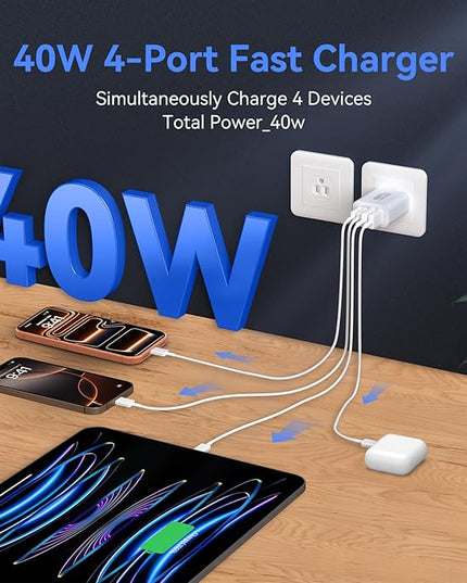 USB C Wall Fast Charger Block, 40W 4-Port Type C Chargers Fast Charging Blocks PD Power Charger Adapter+QC 3.0 USB Multiport Charger Brick for Phone 17/16/15/14/13/12 Pro Max, i-Pad, Galaxy S25-3Pack