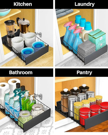LYNK PROFESSIONAL® Pull Out Cabinet Organizer, 10" x 14" Single Tier Slide Out Drawers for Kitchen Cabinets - Sliding Pull-Out Pantry Shelves – Home Shelf Organizers - Lifetime Ltd. Warranty, Black