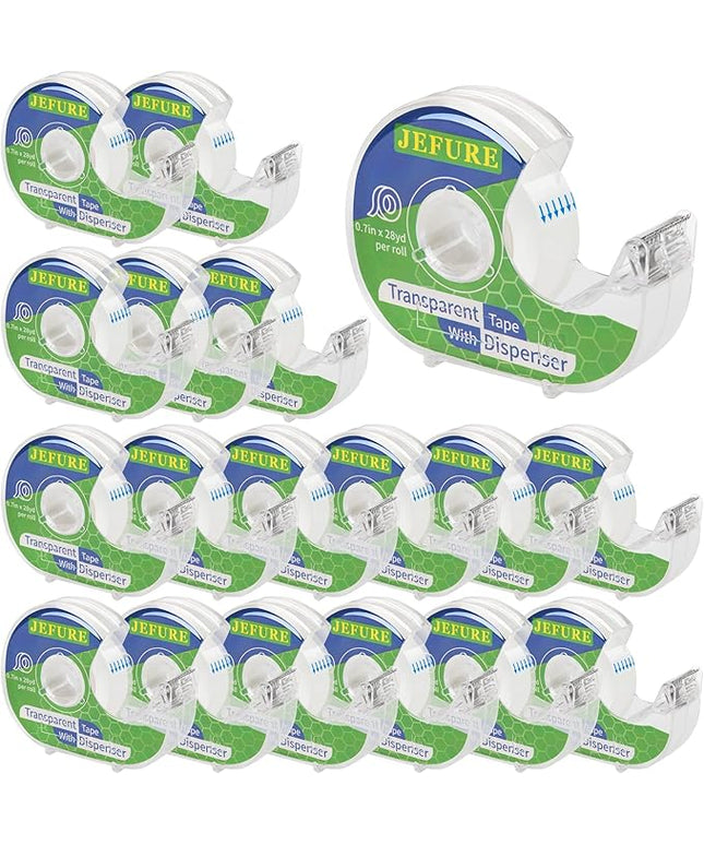 JEFURE 18 Pcs Transparent Tape with Dispenser, 0.7 x 1000 in Clear Tape Rolls Bulk, Office Tape Refills for Desk, Craft, and Gift Wrapping
