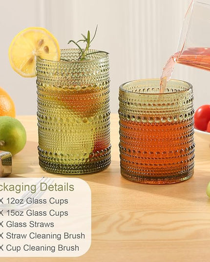 Vintage Glassware Drinking Glasses Set of 12,Green 12oz & 15oz Hobnail Glass Cups,Embossed Water Tumbler,for Beer,Cocktail,Whiskey,Juice and Various Mixed Drinks- 1 Cleaning Brush