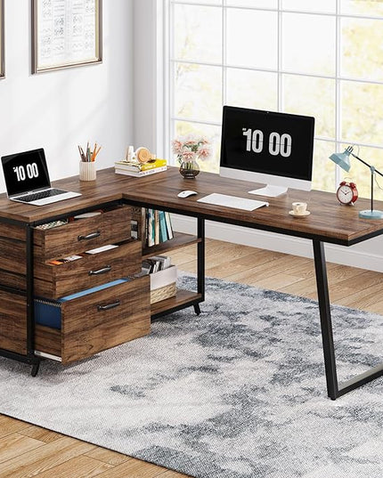 Tribesigns L-Shaped Computer Desk with 3 Drawers, Reversible Corner Home Office Desk with Shelves, 53-Inch Industrial PC Desk Study Writing Table Workstation for Small Space, Rustic Brown