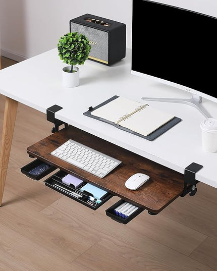 Keyboard Tray Under Desk with Drawer,26.77" X 11.81"Large Size Keyboard Tray with C Clamp-on Mount, Easy to Install, for Home Office (Mahogany)