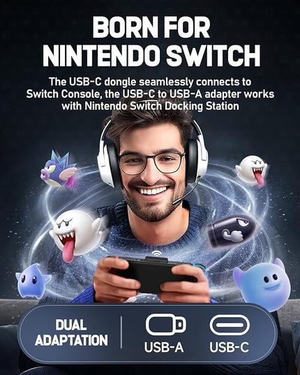Wireless Gaming Headset for Nintendo Switch丨OLED丨Lite,2.4Ghz USB & Type-C， Bluetooth 5.4 Gaming Headphones with Noise Cancelling Microphone, 40Hr Battery, for PS5, PS4, PC, Mac （White and Black ）