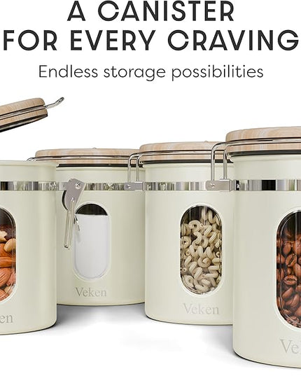 Veken Coffee Sugar Canister with Window, Airtight Stainless Steel Kitchen Food Storage Container with Lids, Date Tracker and Scoop for Grounds Coffee, Beans, Tea, Flour, Cereal Jars, 16OZ, Cream