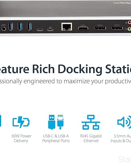 StarTech.com USB-C Triple Monitor Docking Station for MacBook Pro / Air M1 M2 M3 M4 & Windows, Universal 4K HDMI DP Dock, Thunderbolt Compatible, 60W Laptop Charging - TAA