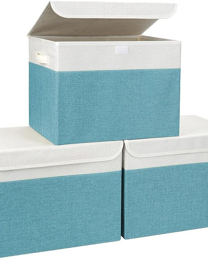 Large 17" 42 Quarts Collapsible Stackable Storage Bins with Lids [3-Pack] Foldable Fabric Linen Storage Boxes Cube, Closet Organizer Baskets with Label for Home (16.7 x 12 x 12", Teal & White)
